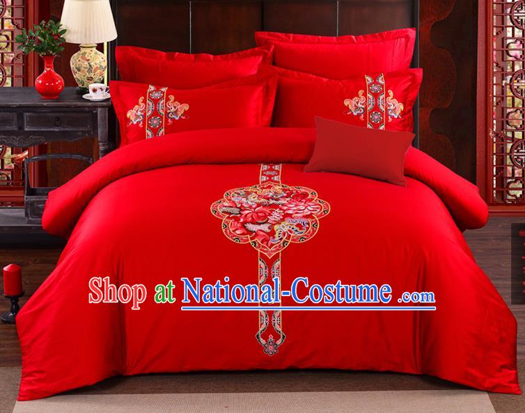 Traditional Chinese Style Marriage Bedding Set, China National Printing Phoenix Peony Wedding Red Textile Bedding Sheet Quilt Cover Seven-piece suit