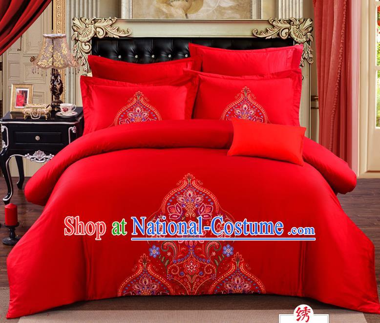 Traditional Chinese Style Marriage Bedding Set, China National Printing Peony Wedding Red Textile Bedding Sheet Quilt Cover Seven-piece suit