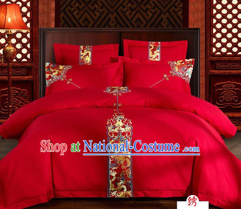 Traditional Chinese Style Marriage Bedding Set, China National Embroidered Dragon Wedding Red Textile Bedding Sheet Quilt Cover Four-piece suit