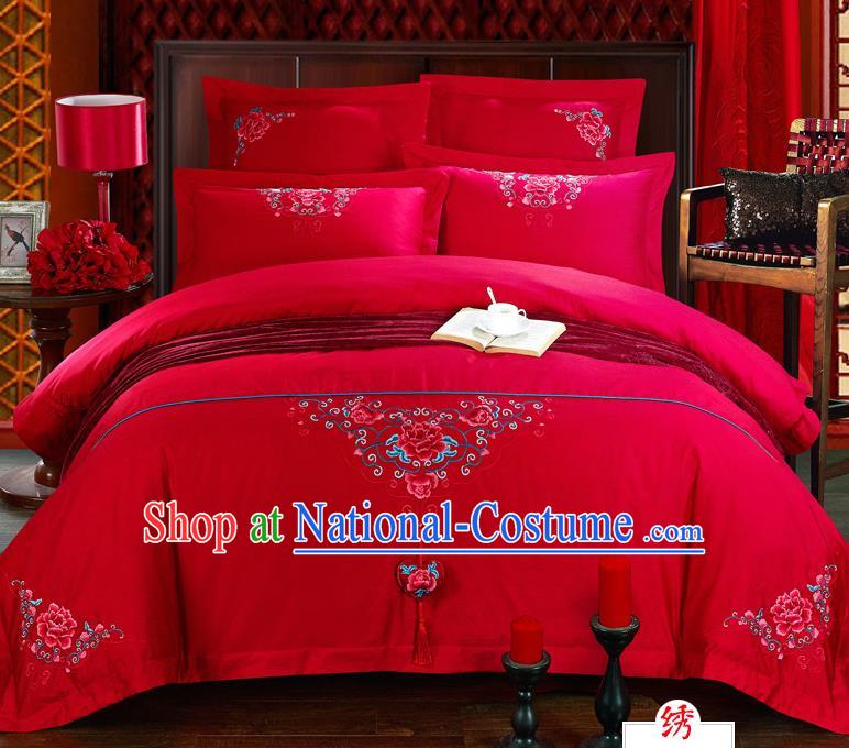 Traditional Chinese Style Marriage Bedding Set, China National Embroidered Peony Wedding Red Textile Bedding Sheet Quilt Cover Four-piece suit