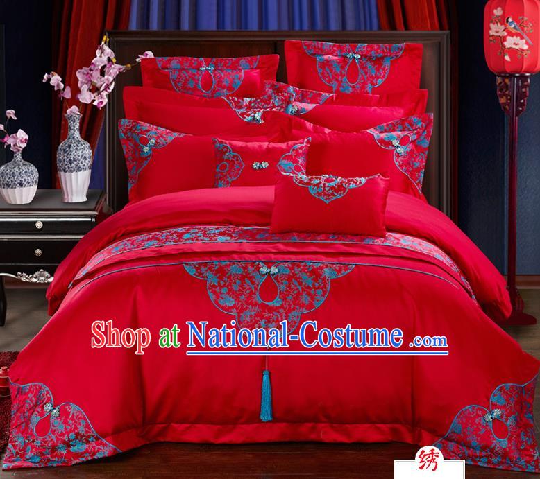 Traditional Chinese Style Marriage Bedding Set, China National Embroidered Wedding Red Textile Bedding Sheet Quilt Cover Four-piece suit