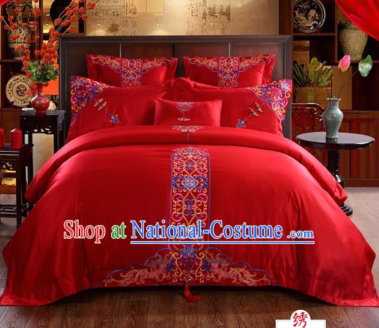 Traditional Chinese Style Marriage Bedding Set, China National Embroidered Flowers Wedding Red Textile Bedding Sheet Quilt Cover Four-piece suit