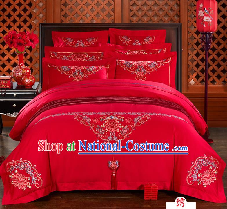 Traditional Chinese Style Marriage Bedding Set, China National Embroidered Peony Wedding Red Textile Bedding Sheet Quilt Cover Four-piece suit