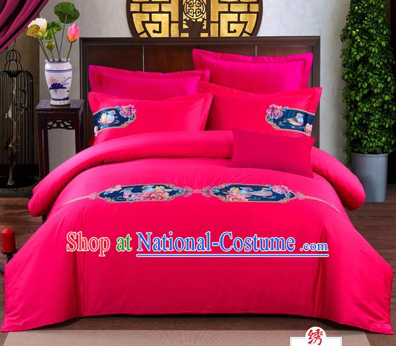 Traditional Chinese Style Marriage Bedding Set, China National Embroidered Mandarin Duck Wedding Rosy Textile Bedding Sheet Quilt Cover Four-piece suit