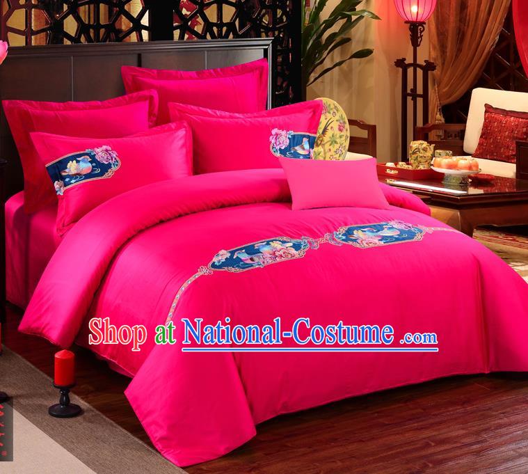 Traditional Chinese Style Wedding Bedding Article Embroidery Dragon and Phoenix Sheet and Duvet Cover Red Textile Bedding Suit