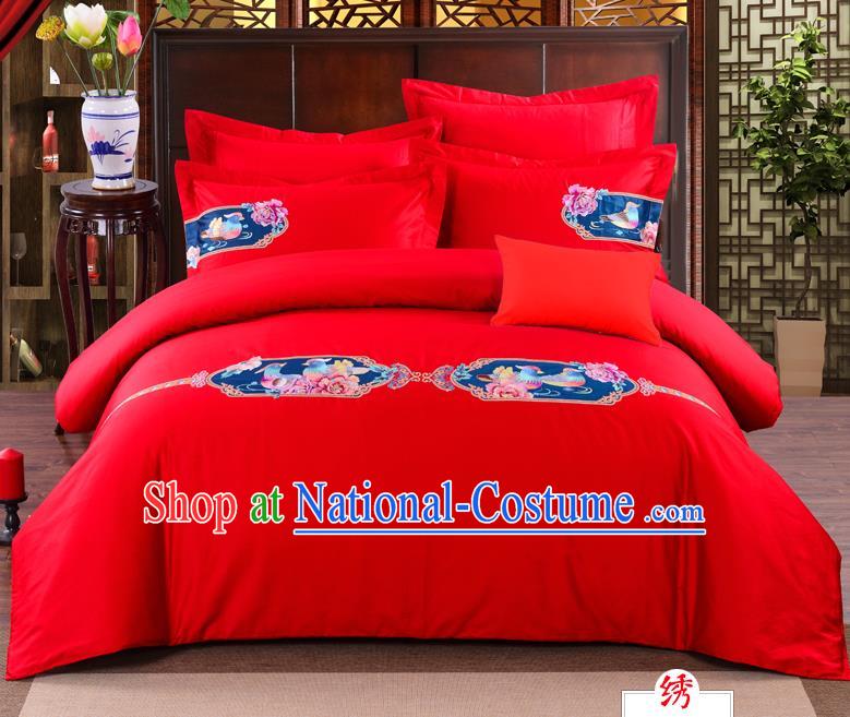 Traditional Chinese Style Marriage Bedding Set, China National Embroidered Mandarin Duck Wedding Red Textile Bedding Sheet Quilt Cover Four-piece suit