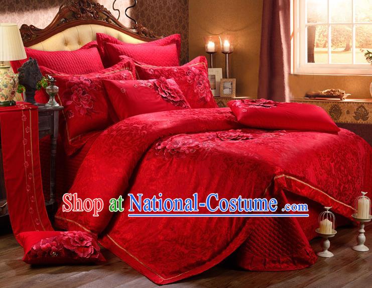 Traditional Chinese Style Marriage Bedding Set Printing Rose Wedding Red Textile Bedding Sheet Quilt Cover Ten-piece Suit