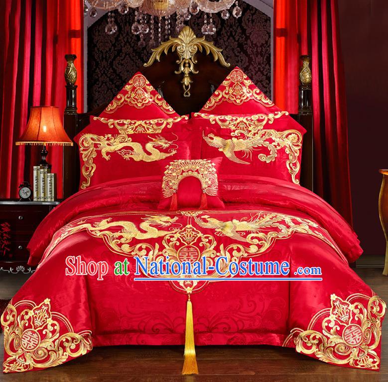 Traditional Chinese Style Marriage Bedding Set Printing Dragon and Phoenix Wedding Red Textile Bedding Sheet Quilt Cover 11-piece Suit