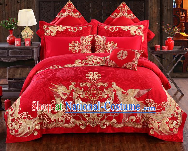 Traditional Chinese Style Marriage Bedding Set Printing Dragon and Phoenix Wedding Red Textile Bedding Sheet Quilt Cover Ten-piece Suit