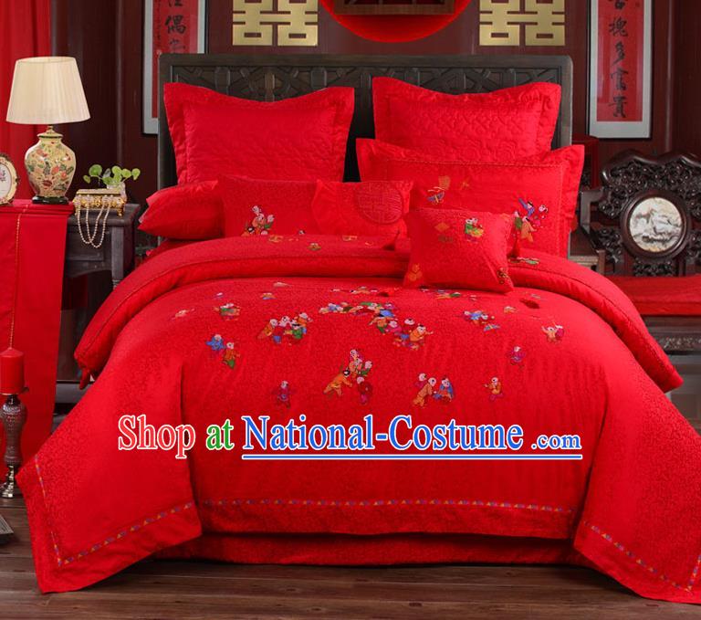 Traditional Chinese Style Marriage Bedding Set Embroidered Hundred Playing Children Wedding Red Textile Bedding Sheet Quilt Cover Ten-piece Suit