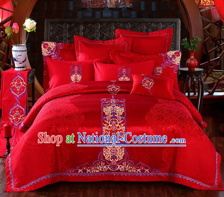 Traditional Chinese Style Marriage Bedding Set Embroidered Wedding Red Satin Textile Bedding Sheet Quilt Cover Ten-piece Suit