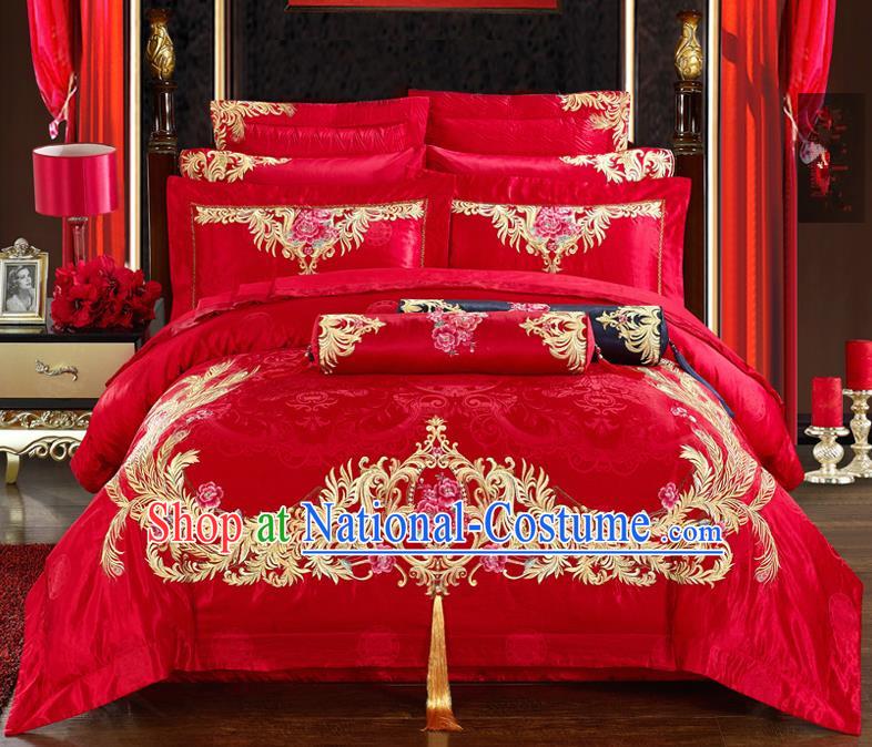 Traditional Chinese Style Marriage Bedding Set Embroidered Phoenix Wedding Red Satin Textile Bedding Sheet Quilt Cover Ten-piece Suit