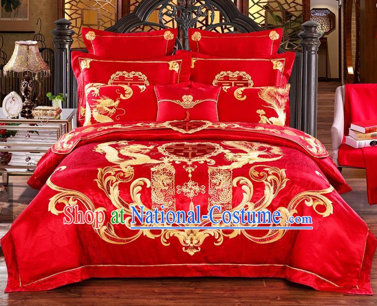 Traditional Chinese Style Marriage Bedding Set Embroidered Dragon Phoenix Wedding Red Satin Textile Bedding Sheet Quilt Cover Ten-piece Suit