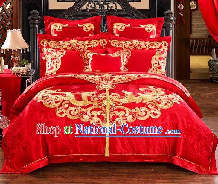 Traditional Chinese Style Marriage Bedding Set Printing Dragon Phoenix Wedding Red Satin Textile Bedding Sheet Quilt Cover Ten-piece Suit