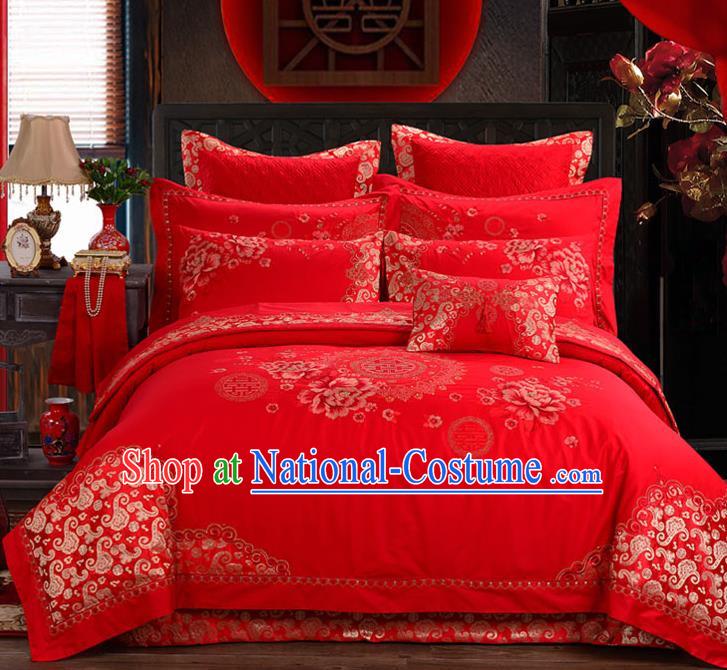 Traditional Chinese Style Marriage Bedding Set Printing Peony Wedding Red Satin Textile Bedding Sheet Quilt Cover Ten-piece Suit