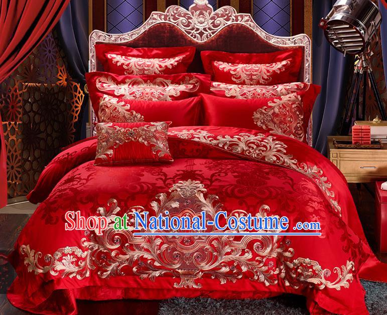 Traditional Chinese Style Marriage Bedding Set Embroidered Wedding Red Satin Textile Bedding Sheet Quilt Cover Ten-piece Suit