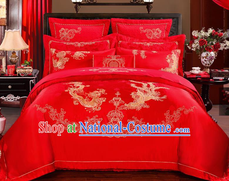 Traditional Chinese Style Marriage Bedding Set Embroidered Dragon and Phoenix Wedding Red Satin Textile Bedding Sheet Quilt Cover Ten-piece Suit