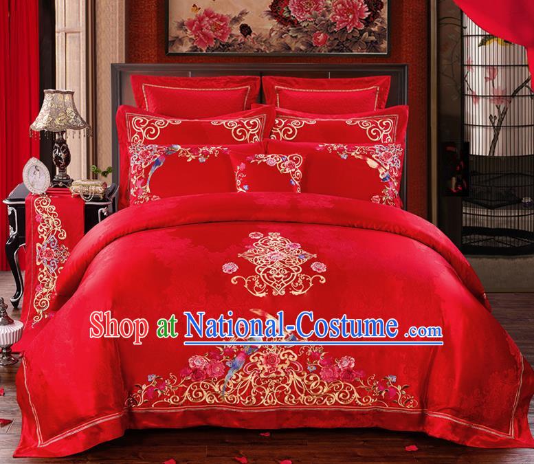 Traditional Chinese Style Marriage Bedding Set Embroidered Magpie Peony Wedding Red Satin Textile Bedding Sheet Quilt Cover Ten-piece Suit