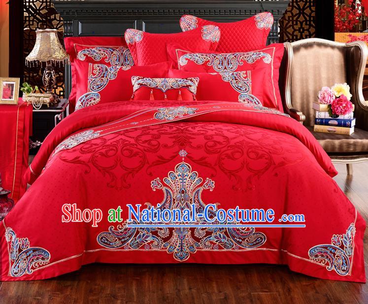 Traditional Chinese Style Marriage Bedding Set Embroidered Wedding Red Satin Drill Textile Bedding Sheet Quilt Cover Eight-piece Suit