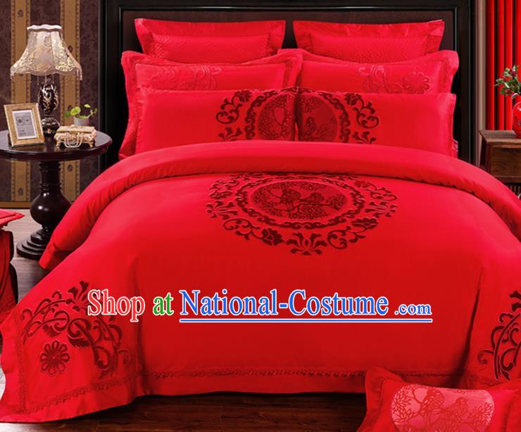 Traditional Chinese Style Marriage Bedding Set Embroidered Magpie Wedding Red Satin Drill Textile Bedding Sheet Quilt Cover Ten-piece Suit