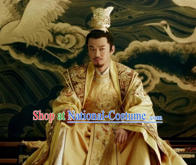 Traditional Chinese Tang Dynasty Imperial Emperor Clothing Ancient Majesty Embroidered Costume and Headpiece Complete Set for Men