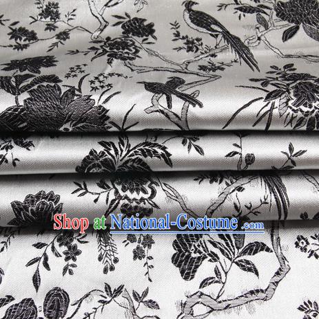 Chinese Royal Palace Traditional Costume Black Magpie Pattern White Satin Brocade Fabric, Chinese Ancient Clothing Drapery Hanfu Cheongsam Material