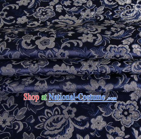 Chinese Royal Palace Traditional Costume Pattern Navy Satin Brocade Fabric, Chinese Ancient Clothing Drapery Hanfu Cheongsam Material