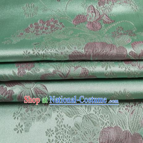 Chinese Royal Palace Traditional Costume Peony Pattern Green Satin Brocade Fabric, Chinese Ancient Clothing Drapery Hanfu Cheongsam Material