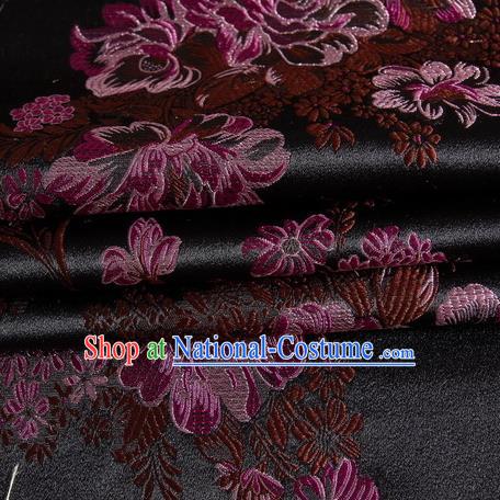 Chinese Royal Palace Traditional Costume Peony Pattern Black Satin Brocade Fabric, Chinese Ancient Clothing Drapery Hanfu Cheongsam Material