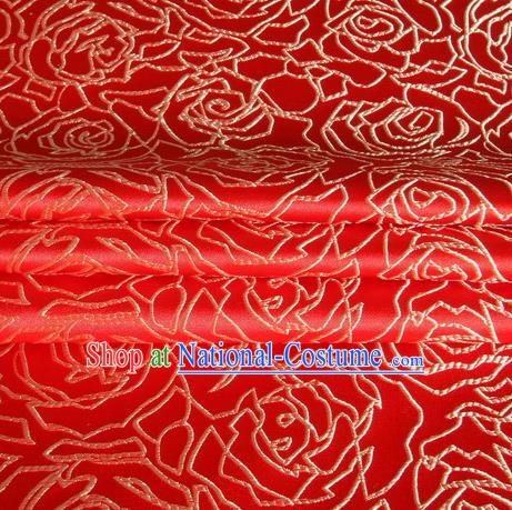 Chinese Royal Palace Traditional Costume Rose Pattern Red Satin Brocade Fabric, Chinese Ancient Clothing Drapery Hanfu Cheongsam Material