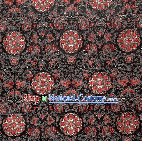 Chinese Royal Palace Traditional Costume Guanyin Flowers Pattern Black Satin Brocade Fabric, Chinese Ancient Clothing Drapery Hanfu Cheongsam Material