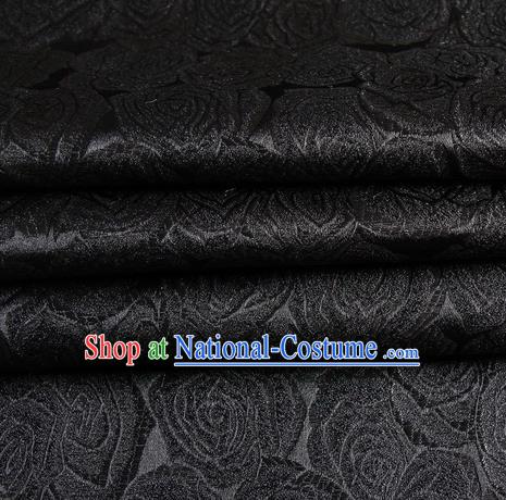 Chinese Royal Palace Traditional Costume Rose Pattern Black Satin Brocade Fabric, Chinese Ancient Clothing Drapery Hanfu Cheongsam Material