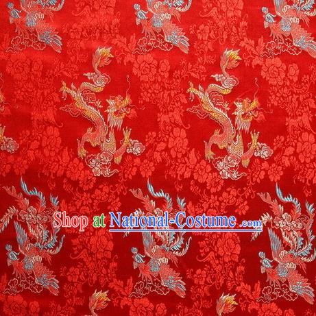 Chinese Royal Palace Traditional Costume Dragon and Phoenix Pattern Red Satin Brocade Fabric, Chinese Ancient Clothing Drapery Hanfu Cheongsam Material