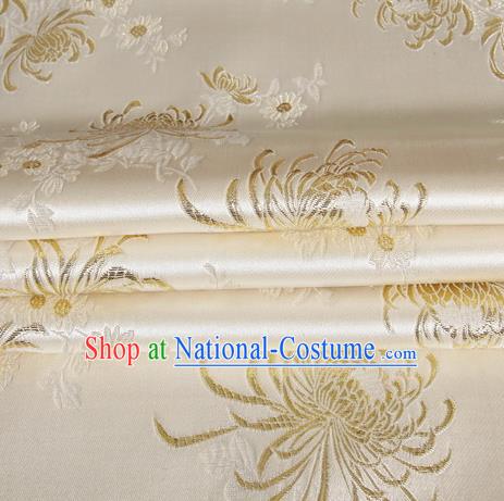 Chinese Royal Palace Traditional Costume Chrysanthemum Pattern White Satin Brocade Fabric, Chinese Ancient Clothing Drapery Hanfu Cheongsam Material