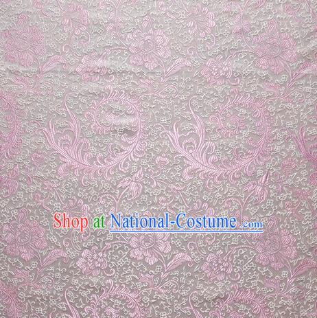 Chinese Royal Palace Traditional Costume Pink Pteris Pattern White Satin Brocade Fabric, Chinese Ancient Clothing Drapery Hanfu Cheongsam Material