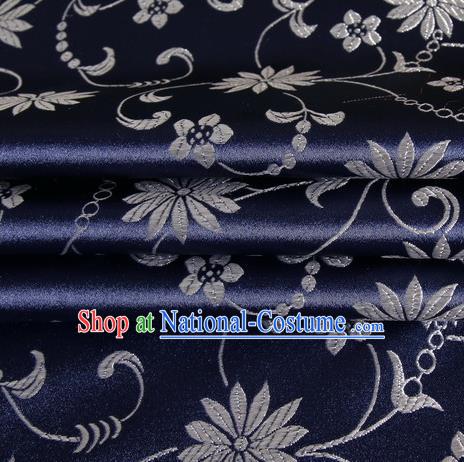 Chinese Traditional Costume Royal Palace Lotus Pattern Deep Blue Satin Brocade Fabric, Chinese Ancient Clothing Drapery Hanfu Cheongsam Material