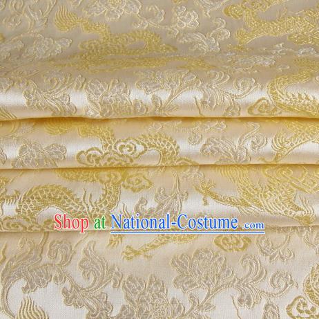 Chinese Traditional Costume Royal Palace Golden Dragon Pattern White Satin Brocade Fabric, Chinese Ancient Clothing Drapery Hanfu Cheongsam Material