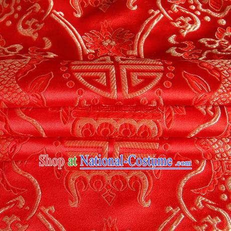 Chinese Traditional Costume Royal Palace Fishes Pattern Red Satin Brocade Fabric, Chinese Ancient Clothing Drapery Hanfu Cheongsam Material