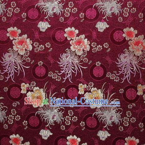 Chinese Traditional Costume Royal Palace Chrysanthemum Pattern Dark Red Satin Brocade Fabric, Chinese Ancient Clothing Drapery Hanfu Cheongsam Material