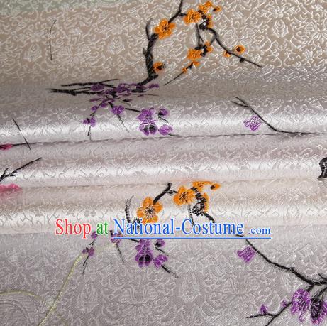 Chinese Traditional Costume Royal Palace Plum Blossom Pattern White Satin Brocade Fabric, Chinese Ancient Clothing Drapery Hanfu Cheongsam Material