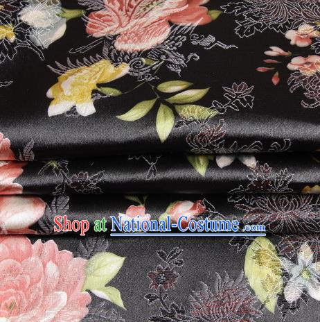 Chinese Traditional Costume Royal Palace Peony Pattern Black Satin Brocade Fabric, Chinese Ancient Clothing Drapery Hanfu Cheongsam Material