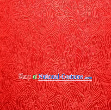 Chinese Royal Palace Traditional Costume Peacock Feather Pattern Red Satin Brocade Fabric, Chinese Ancient Clothing Drapery Hanfu Cheongsam Material