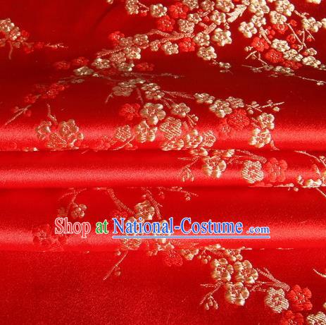 Chinese Royal Palace Traditional Costume Plum Blossom Pattern Red Satin Brocade Fabric, Chinese Ancient Clothing Drapery Hanfu Cheongsam Material