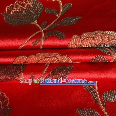 Chinese Royal Palace Traditional Costume Lotus Pattern Red Satin Brocade Fabric, Chinese Ancient Clothing Drapery Hanfu Cheongsam Material