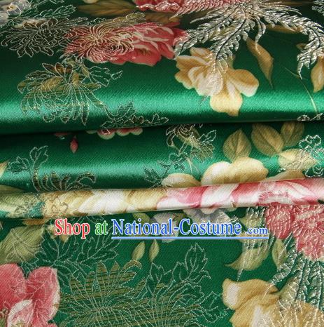 Chinese Traditional Costume Royal Palace Peony Pattern Green Satin Brocade Fabric, Chinese Ancient Clothing Drapery Hanfu Cheongsam Material