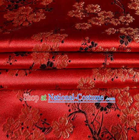 Chinese Traditional Costume Royal Palace Plum Blossom Pattern Red Satin Brocade Fabric, Chinese Ancient Clothing Drapery Hanfu Cheongsam Material