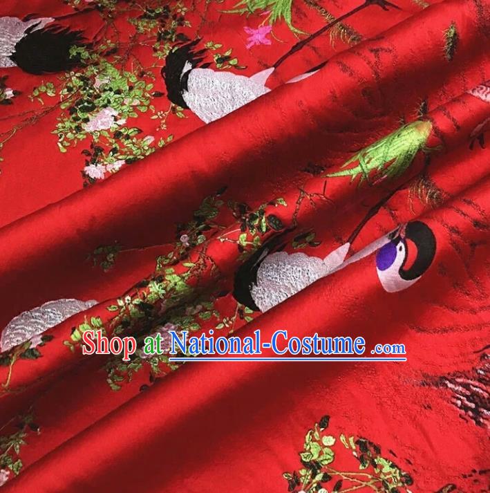 Chinese Traditional Costume Royal Palace Jacquard Weave Crane Red Brocade Fabric, Chinese Ancient Clothing Drapery Hanfu Cheongsam Material