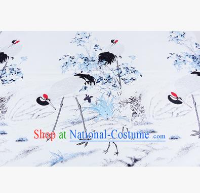 Chinese Traditional Costume Royal Palace Jacquard Weave Crane White Brocade Fabric, Chinese Ancient Clothing Drapery Hanfu Cheongsam Material