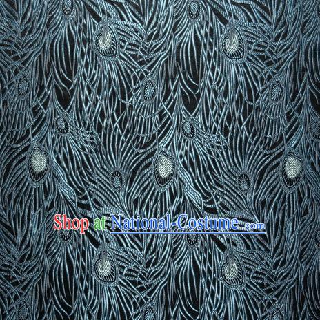 Chinese Traditional Costume Royal Palace Blue Peacock Feather Pattern Black Satin Brocade Fabric, Chinese Ancient Clothing Drapery Hanfu Cheongsam Material