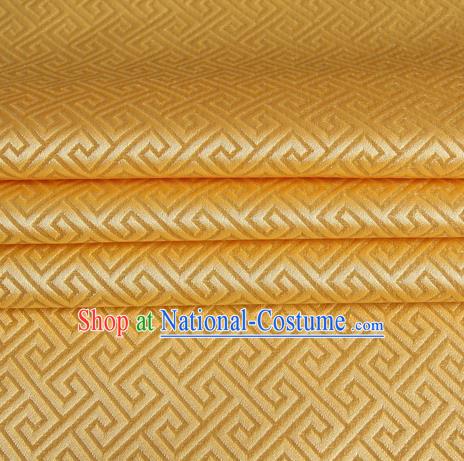 Chinese Traditional Costume Royal Palace Great Wall Pattern Golden Satin Brocade Fabric, Chinese Ancient Clothing Drapery Hanfu Cheongsam Material